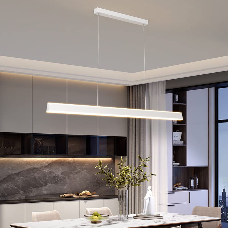 Bellastein LED Pendant Lamp Dining Table Pendant Lamp Modern Linear Design Living Room Chandelier Dimmable(3000K-6000K) with Remote Control Height Adjustable Ceiling Lamp (White, L120cm)