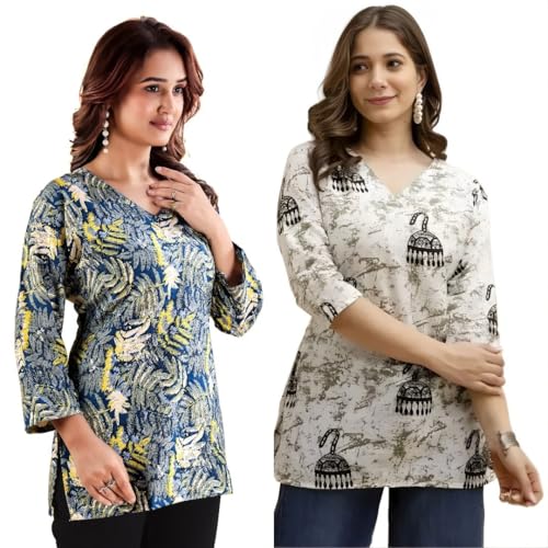 Image of Women's Cotton Printed Short Kurti, Round Neck, Three Quarter Sleeve, Straight Fit, Pack of 2