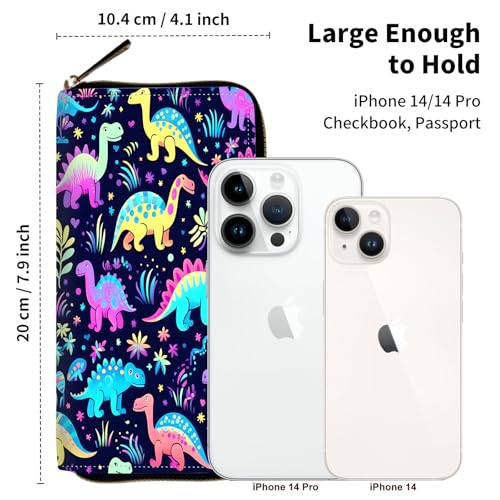 RFID Blocking Wristlet Wallet for Women, Slim PU Leather Clutch Purse with Zipper, Small Credit Card Holder with Wrist Strap, Travel Zip Wallet for Ladies,Cute Dinosaurs3