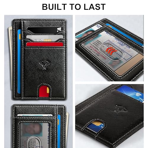 Image of Contacts Genuine Leather Slim Wallet | RFID Blocking Skinny Minimal Thin Front Pocket Wallet Sleeve Card Holder for Men | Up to 7 Card Slots Including 1 ID Window (Saffiano Black)