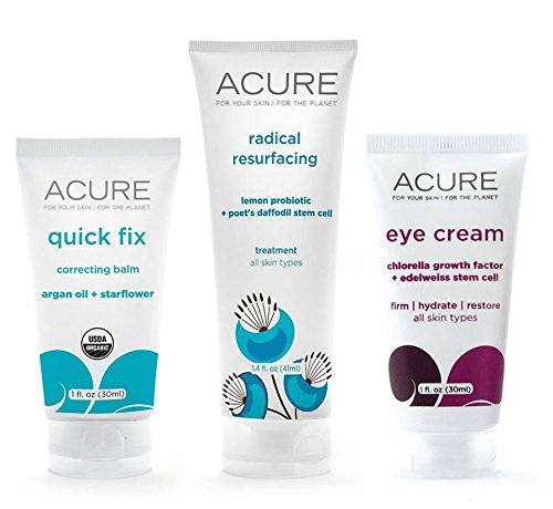 Acure Organics Anti-Aging Facial Bundle With Radical Resurfacing Treatment, Firming Facial Serum (Works as Eye Cream Treatment), & Quick Fix Correcting Balm (With Jojoba Oil For Wrinkle Removal)