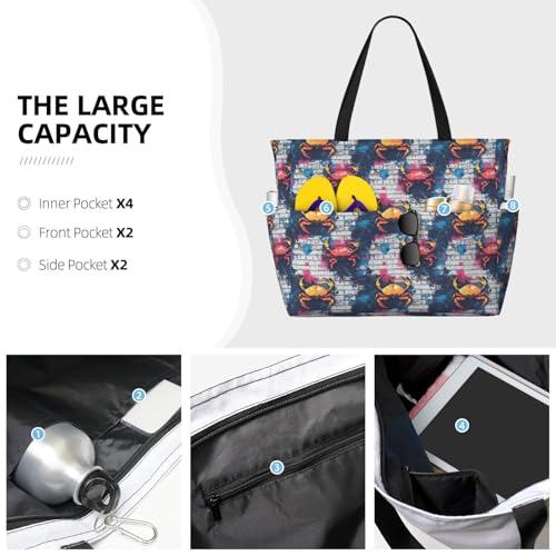 Large Beach Bags for Women Sandproof - Graffiti Crab Pattern Print Summer Travel Work Tote Bags with Zipper3
