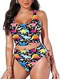 Women's High Waisted Bikini Sets Scoop Neck Ruched Crop Padded Top 2 Piece Swimsuit Bathing Suit Dinosaurs Size S