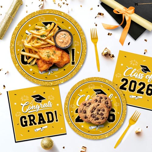 Image of Graduation Party Supplies Set for 50 Guests, Yellow Graduation Plates and Napkins 2026, 200Pcs Disposable Grad Plates, Napkins, Dessert Plates and Forks for 2026 School Ceremony, Birthday Tableware