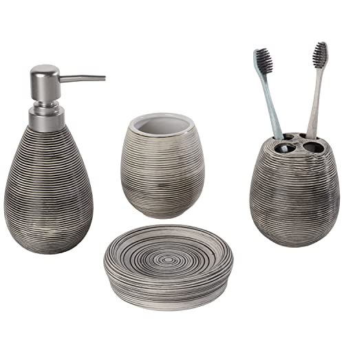 MyGift 4 Piece Textured Ceramic Brown Bathroom Accessory Set Includes Soap Dish, Dispenser, Toothbrush Holder and Tumbler