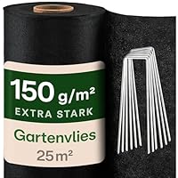 Praknu Gartenvlies 150g/m² mit 12 Erdankern – Extra Stark & Reißfest – 25m² Mulchvlies für dauerhaften Unkrautschutz – Für Wege, Kies & Steingärten