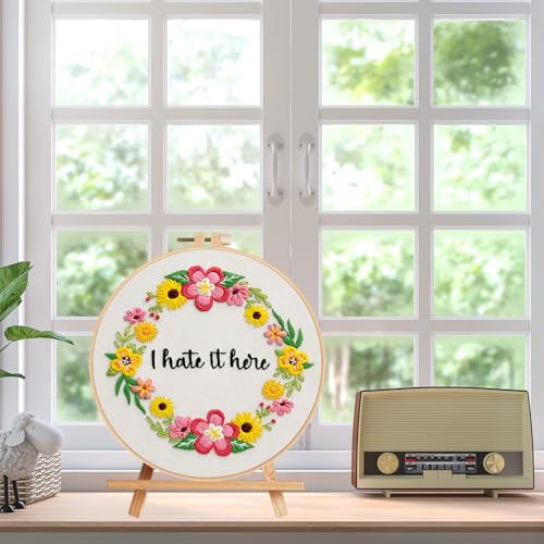 Image of Nuberlic Floral Embroidery Kit for Beginners Cross Stitch Kits- Complete Starter Set with Hoop, Pre-Printed Fabric, Threads & Needles