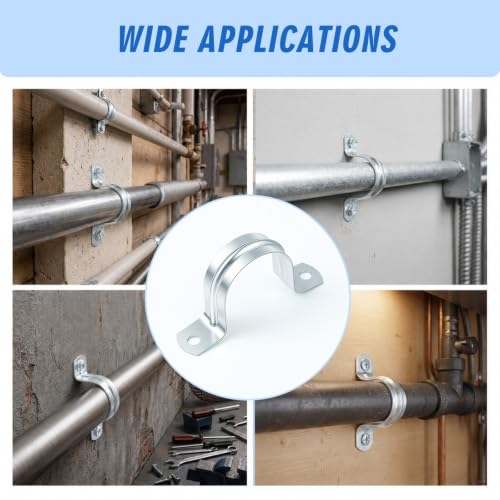 Image of Yaocom 100 Pcs 1 1 /4 inch Opening Pipe Strap Galvanized Steel Conduit Clamp Reinforced Rigid 2 Hole U Bracket for Pipe Fixing on Various Surfaces