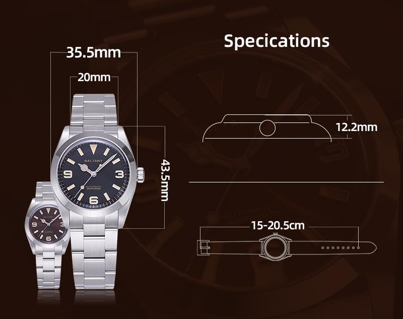 Baltany Explorer S4056 - Reloj de pulsera automático de acero inoxidable NH38 de 36 mm para hombre, resistente al agua