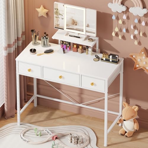 Image of HIGDBFE Small Makeup Vanity Desk 35''W with Mirror and Lights, 3 Drawers | USB Lighted Mirror, Height-Adjustable Stand, Fabric Drawers, Girls /Kids Gifts, Bedroom, Small Space, Dorm, White