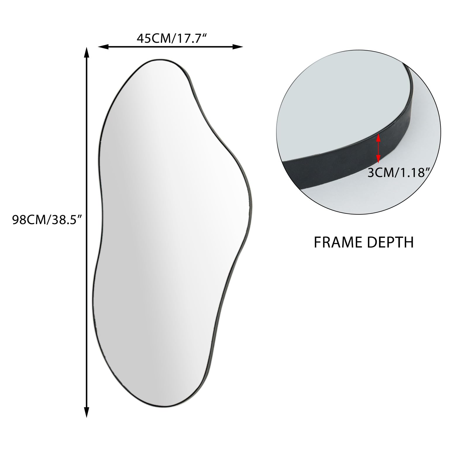 Specchio da bagno a parete, specchio irregolare con cornice in metallo nero per il soggiorno, 98 x 45 Specchi da appendere alle pareti Specchio per vestirsi per il corridoio della camera da letto