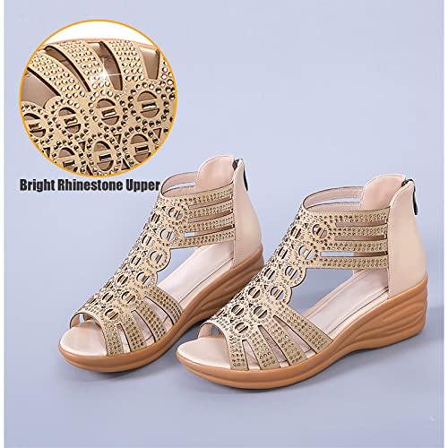 Women's Roman Wedge Hollow Sandals with Zipper Back,Rhinestone Gladiator Open Toe High Heel Dress Sandals Bootie3