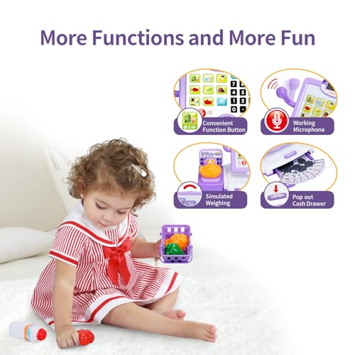Image of FS Pretend Play Cash Register Toy Preschool Gift for Kids, Classic Count Toy with Sound, Microphone, Scanner, Credit Card, Play Food for Boys & Girls, 57 Pieces Play Set, Ages 3 4 5 6 7, Purple