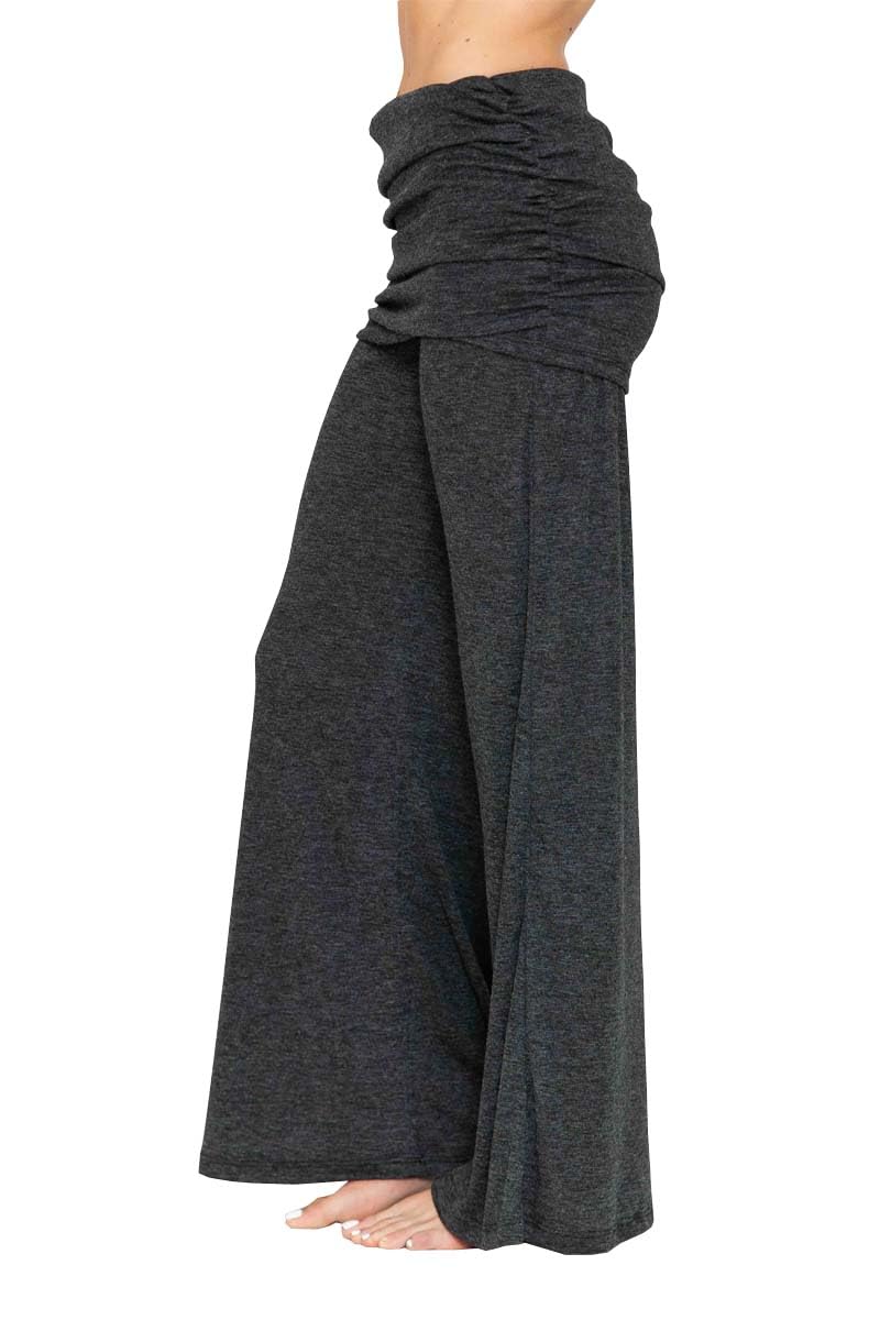 HEYHUN Womens Casual Solid Flared Bottom Ruched Foldover Lounge Palazzo Pants S-L