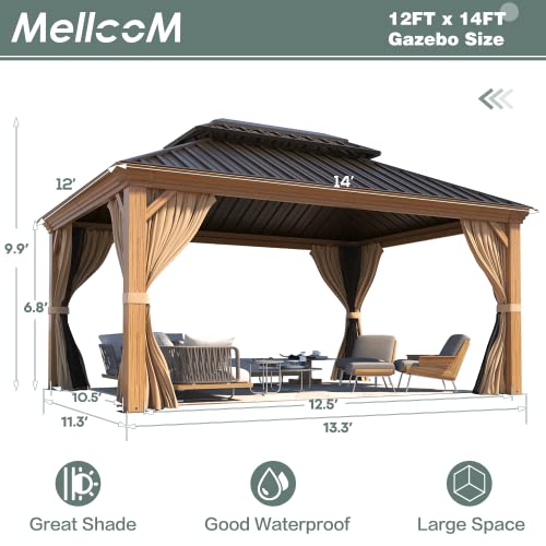 MELLCOM Dark Bronze 12x14 Hardtop Gazebo with Aluminum Frame and Curtains