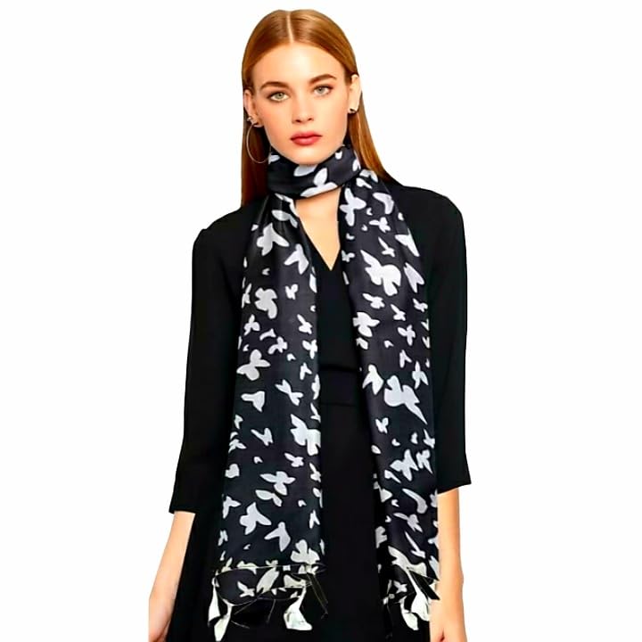 CLOTHEINGHUB Black Butterfly Print Soft Chiffon Stole for Women-image-39
