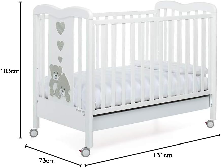 Diagram showing the dimensions of the Foppapedretti Tenerorso baby crib: 131cm length, 73cm width, and 103cm height.