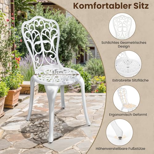 Pamapic Bistro Set 3-teilig, Bistrotisch mit 2 Stühlen & Schirmloch mit Sonnenschirmloch, Aluminium Gartenmöbel Set, Balkonmöbel Set für Terrasse, Veranda, Garten, Weiß
