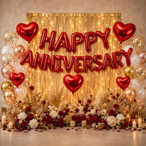 Image of Glaze Happy Anniversary Foil Balloon Decoration | Red Letter Balloons for Anniversary Party Decorations, Wedding Anniversary Celebration Supplies.