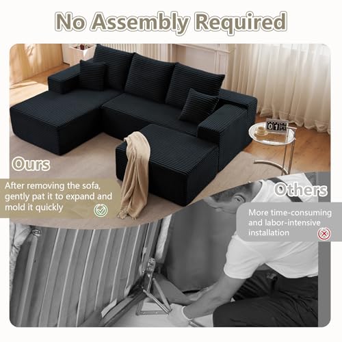 Image of Lakifun 107 inch L-Shape Sofa with Ottoman, Modern Modular Sectional Comfy U-Shape Cloud Couch, Deep Seat, Upholstered Corduroy Sleeper Chaise Longue for Living Room Bedroom, No Assembly Required, Black