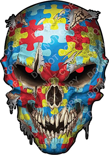 Image of Large Autism Awareness Puzzle Piece Skull American Flag Vinyl Decal with Reflective Eyes Sticker Car Truck Graphic Autistic Spectrum Superhero Window Windshield Bumper Auto Body