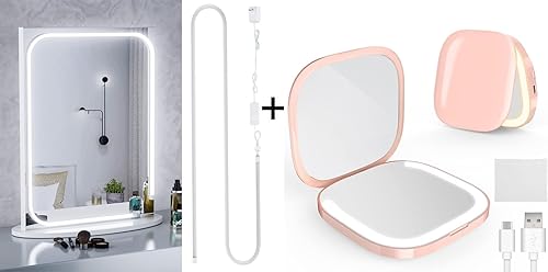 Paquete de luz blanca regulable de 6000 K con espejo de maquillaje compacto portátil con luces y aumento