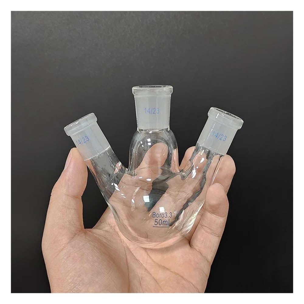 Matraz de tres bocas con boca oblicua de 50 ml, articulación media 14/23, articulación lateral 14/23