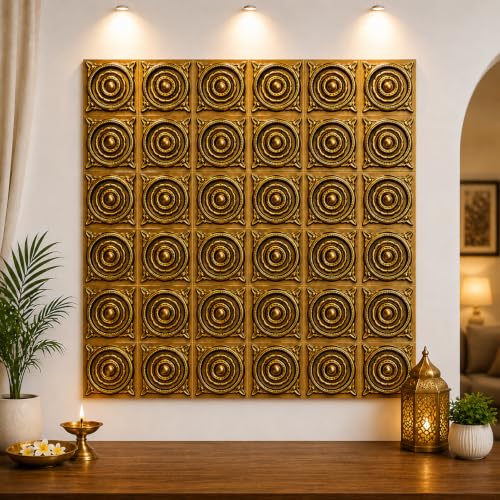 Image of SATYAM KRAFT 9 Piece Ganpati Bappa Backdrop, janmashtami Decor | Wall Panels (9 pcs set) | 30 x 30 CM Each Panel | 90 x 90 CM DIY Mandap Background | 9 Panels | Includes Double-Sided Tape (Golden)