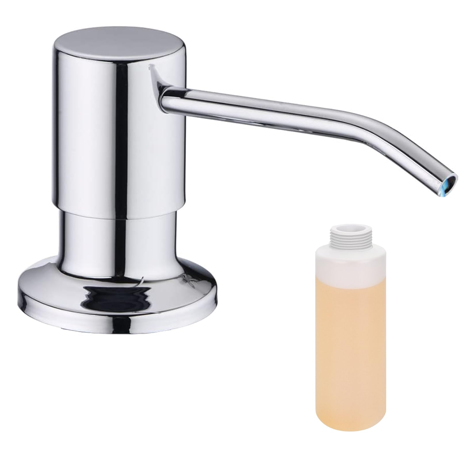 Built in Soap Dispenser for Kitchen Sink, Chrome Stainless Steel Countertop Pump Head (Plastic Built-in), Dish Soap Hand Lotion Dispenser with Refillable 17OZ Bottle