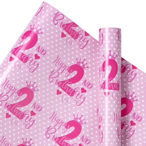 RUSPEPA 2nd Birthday Wrapping Paper for Girl, Mini Roll, Crown and Happy 2nd Birthday Dots Design, 2 Years Old, 17 Inches x 16.4 Feet, Perfect for Girls Birthday Party Gifts