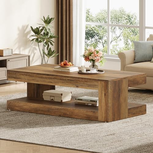 Tribesigns Coffee Table for Living Room, 47.24 Inch Farmhouse 2-Tier Accent Center Tea Cocktail Table with Storage, Brown, Rectangle