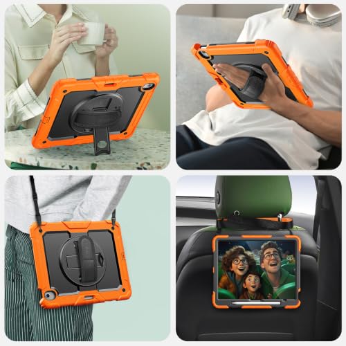 Image of SEYMAC Case for iPad Air 13 Inch M4 /M3 /M2 (2026 /2025 /2024), Orange | Heavy Duty Shockproof Protective, Built-in Screen Protector, 360 Rotating Stand, Hand /Shoulder Strap, Pen Holder