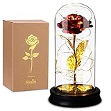 Rosa Bella y La Bestia Rosa Eterna Flor Artificial de Lámina de Oro con Hojas Caídas,Luz LED y Cúpula de Cristal Romántica Regalos para Novia San Valentín Aniversario Bodas Día de la Madre