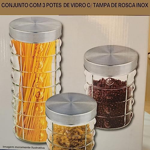 Pote de Vidro com Tampa hermética de Rosca Inox Porta Mantimentos Alimentos Kit com 3 Potes