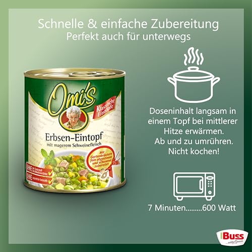 Buss Omi’s klassischer Erbseneintopf - Traditionelle Erbsensuppe mit Kartoffeln, Karotten und geräuchertem Schweinebauch - Schnelle Fertiggerichte zum Aufwärmen in Mikrowelle & Topf - 6 x 800g