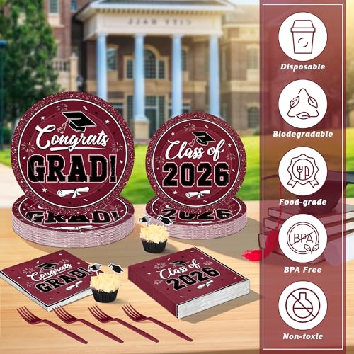 Image of QZYL 200Pcs Graduation Supplies Set, Burgundy Graduation Plates, Napkins, Dessert Plates and Plastic Forks, Disposable Grad Party Supplies for 50 Guests, Grad tableware for 2026 School Ceremony