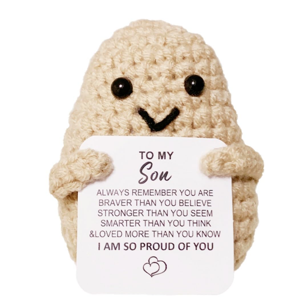WASTIME Funny Knitted Wool Doll Toy with Positive Card - Creative Cute Mini Crochet Positive Potato Dolls Cheer Up Gift for Family Kids Friends Encouragement Decoration (B- to My Son)