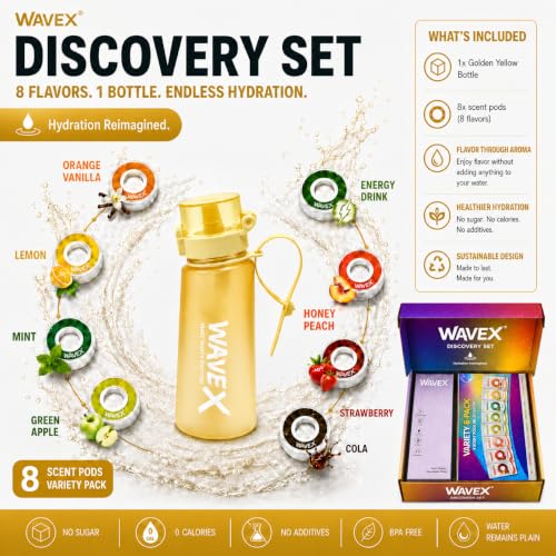 Image of Wavex Scented Water Bottle + 8 Aroma Scent Pods (Cola, Strawberry, Honey Peach, Energy Drink, Green Apple, Mint, Lemon, Orange Vanilla), Flip Top Lid, Straw & Carry Strap Included (Golden Yellow)
