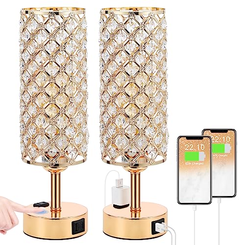 Image of Hong-in Gold Lamps Set of 2, Dimmable Gold Lamps for Nightstand with USB-C+A & AC Charging Ports, 3-Way USB Crystal Lamp, Bedside Desk Light for Bedroom Living Room Home Office(Bulb Included)