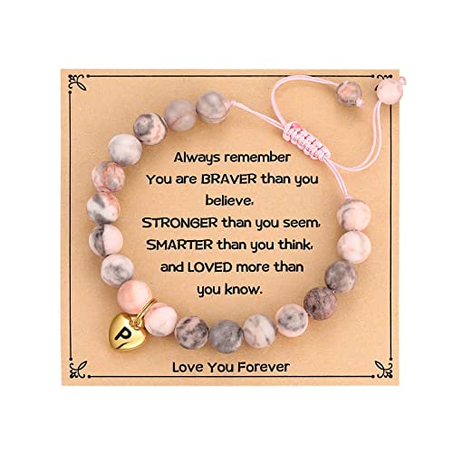 Mixjoy Initial Charm Pink Natural Stone Bracelets For Teen Girls, Handmade Rope Braided Bracelet Jewelry Letter P Bracelets For Young Little Girls, Birthday Christmas Gifts, Adjustable, Gift Box #TOP18
