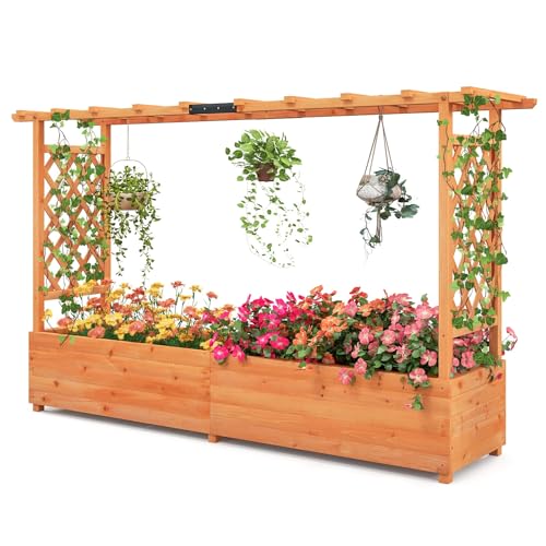 TANGZON Raised Garden Bed with Arch Trellis, Freestanding Ground Garden Planter Box, Outdoor Vertical Trough Planter Container for Vine Climbing Plant Flower Herb (Orange, 200 x 44 x 114 cm)