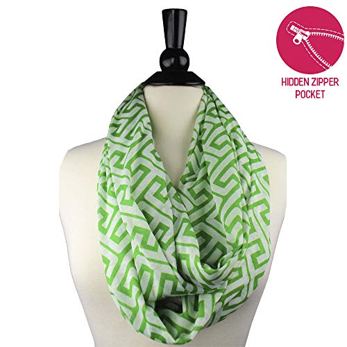 Shop Pop Fashion - Women's Greek Key Pattern Infinity Scarf With Zipper Pocket (Green) #TOP1