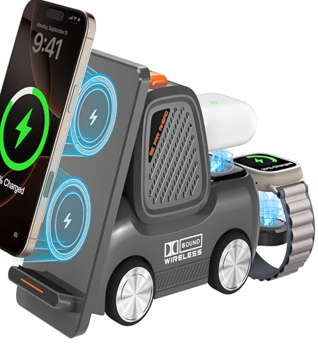 Forklift Wireless Charging Station with Bluetooth Speaker, 4 in 1 Wireless Fast Charger Multiple Devices, Compatible with iPhone16 15 14 13 Pro Max Series, Apple iWatch, Airpods, Android Phones