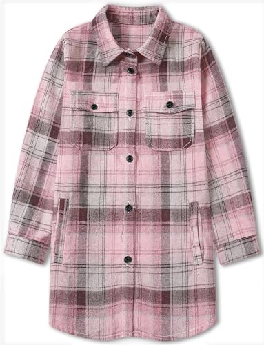 SANGTREE Women and Girls Oversized Flannel Plaid Shirt Mid-Length Casual Button Down Shirt with Pockets3