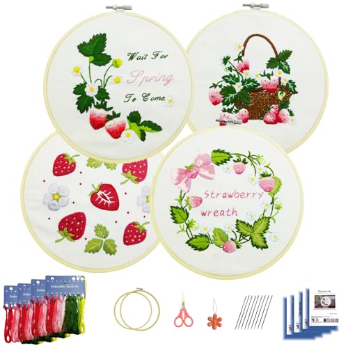 Image of Speedura 4-Set Embroidery Kit for Beginners - Easy Needlepoint Starter Kit for Adults to Learn Hand Embroidery with Stamped Designs, Cross Stitch Patterns, and Fun DIY Projects (Sweet Strawberry)