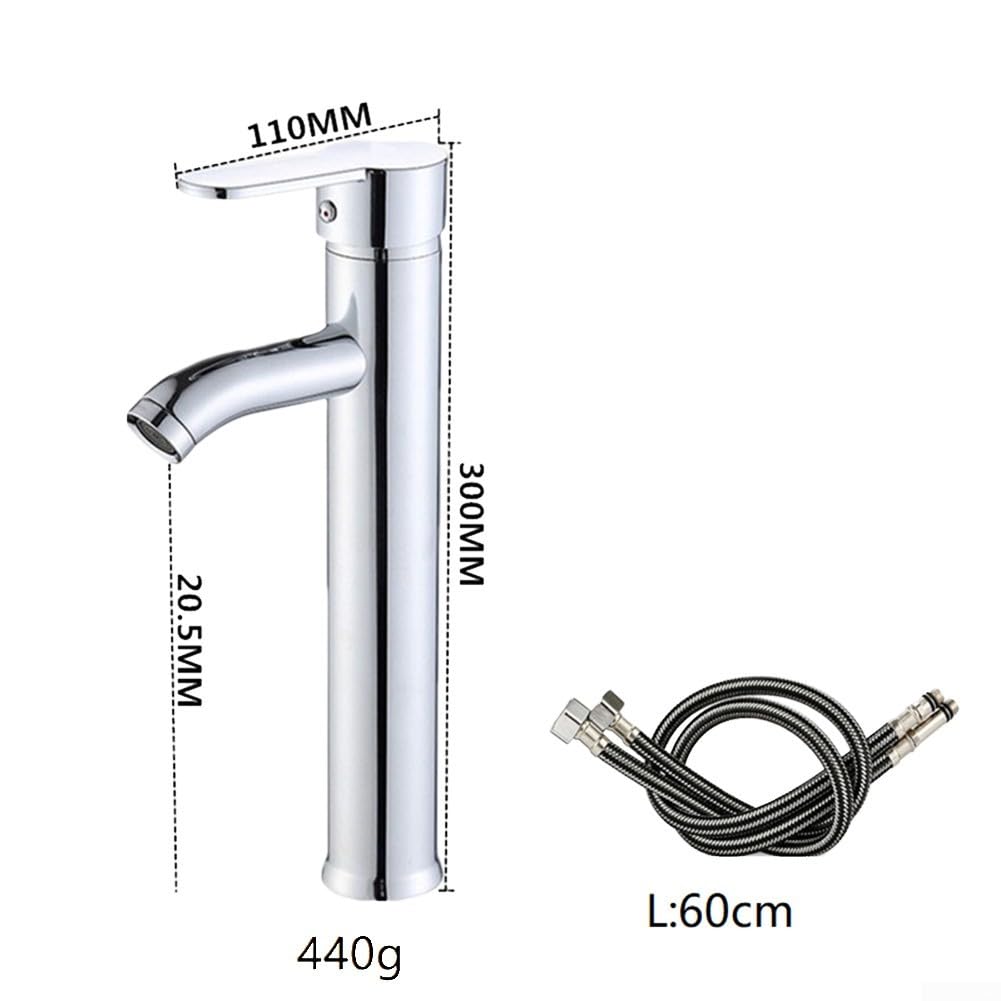 Miscelatore monocomando per lavabo in Acciaio Inox, per Acqua Calda e Fredda, Design Moderno, con Tubo Flessibile da 60 cm, Finitura Argento.