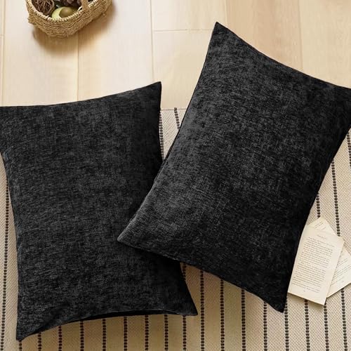 Image of CaliTime Throw Pillow Covers Decorative 20 X 26 Inches Pack of 2 Cozy Chenille Standard Pillow Shams Cases for Couch Sofa Bed Living Room Home Black