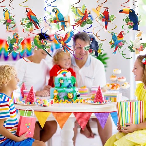 Image of 58Pcs Tropical Birds Decorations Tropical Hawaiian Decor Toucan Parrot Party Hanging Swirl Foil Ceiling Decor for Summer Luau Hawaiian Beach Pool Party Tiki Party Birthday Party Supply