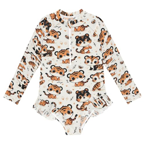 Cute Cartoon Tiger Illustration Girls Long Sleeve Swimsuit Rash Guard One Piece Bathing Suits Zipper 3-12T