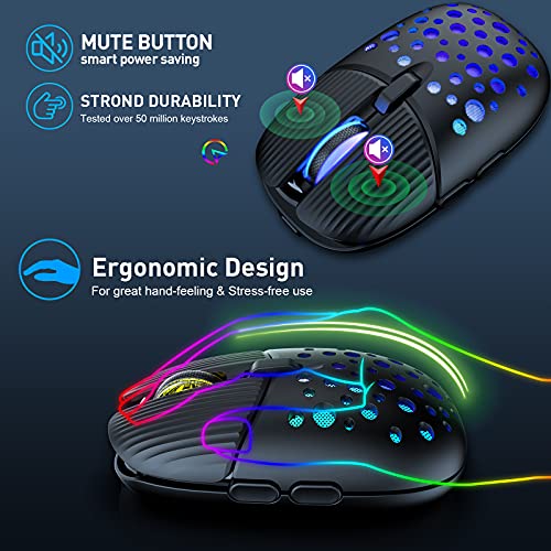 Wireless Gaming Mouse, 2.4G Portable Computer Mouse with Honeycomb Shell,Adjustable DPI, Silent Click, 7 Changeable LED Color Ergonomic Optical Gamer Mice for Laptop PC Gamer Computer Desktop (Black)